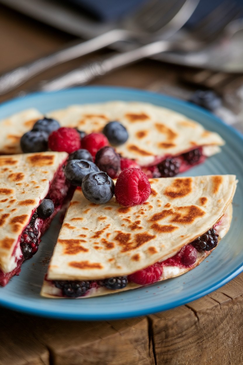 Indoor photo of mixed-berry and goat-cheese quesadilla wedges, berries bubbling at edges, no text or logos.