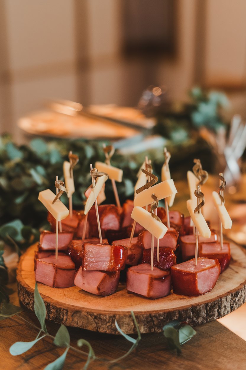 Wooden board indoors featuring glazed ham cubes and Swiss cheese slices on party picks, no text or logos, photo only