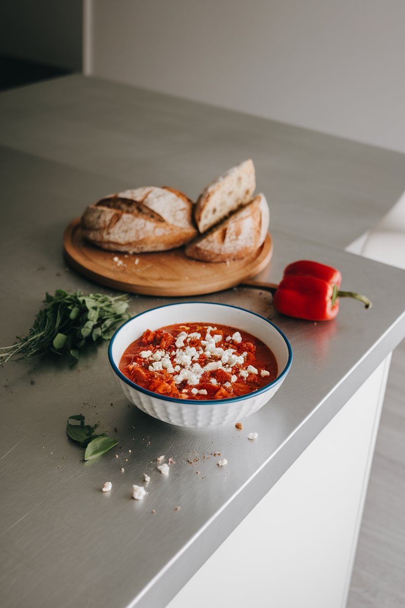 An indoor kitchen island featuring a bowl of roasted red pepper chili, garnished with feta crumbles. No logos or text.