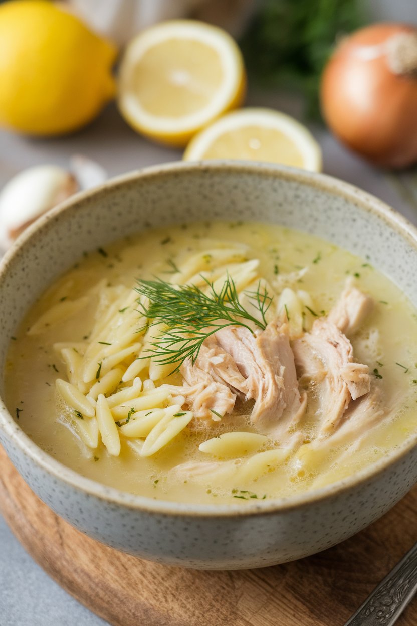Indoor close-up of a lemony avgolemono soup—silky pale broth with orzo, shredded chicken, and dill garnish. No text or logos. Photo.