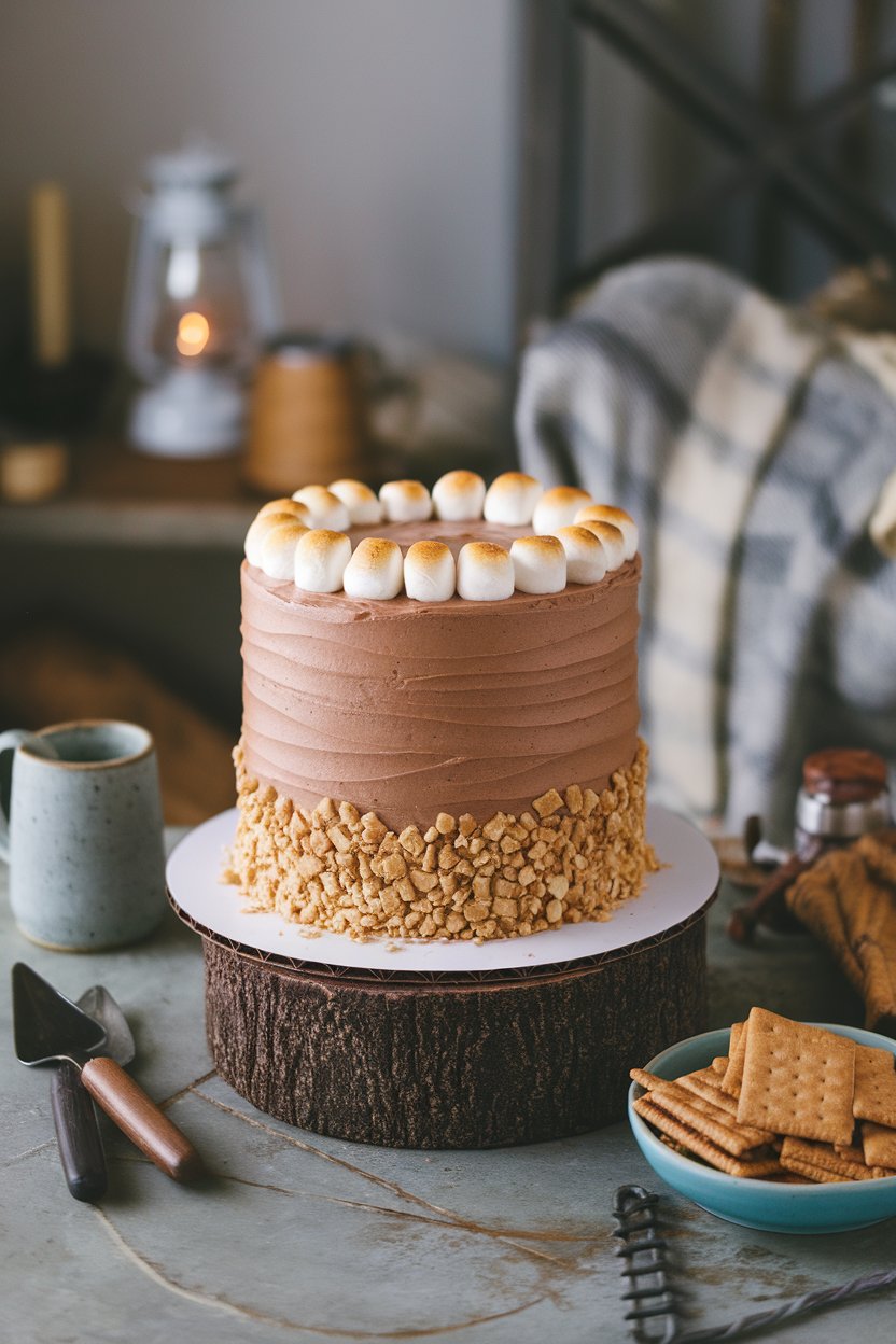 An indoor camp-style tabletop with a tall s’mores cake: chocolate layers, toasted marshmallow frosting, graham crumble around base—no text or logos.