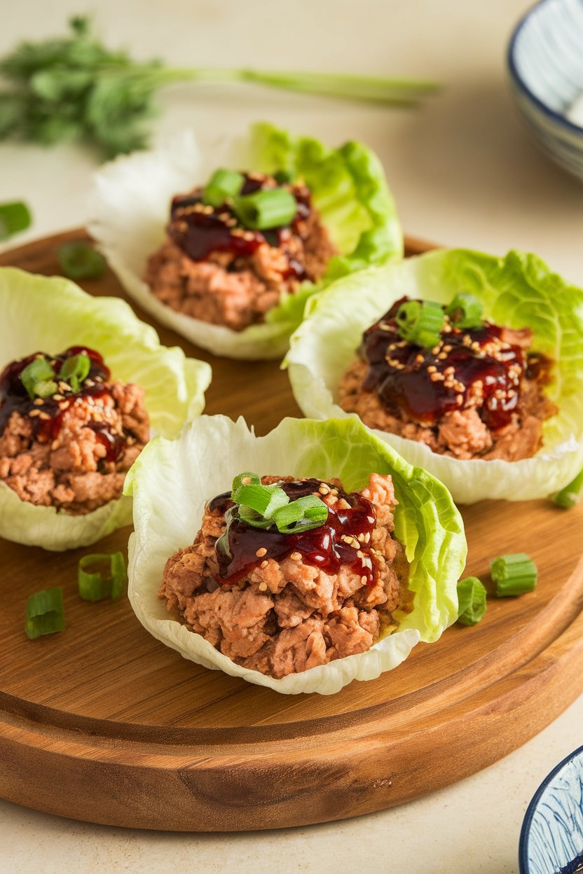 Photo of iceberg lettuce cups filled with ground turkey in sesame-soy glaze, garnished with scallions, shot indoors. No text or logos.
