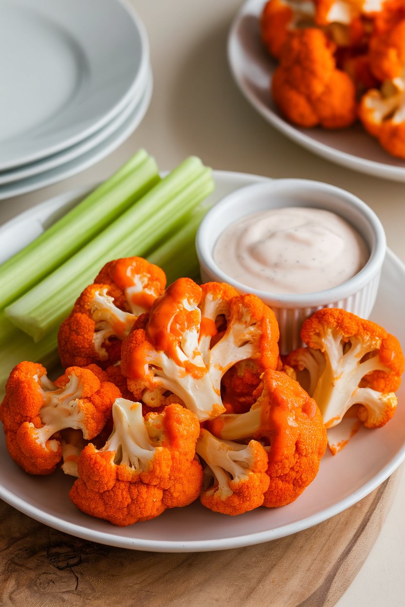 Indoor plate of roasted cauliflower florets coated in orange buffalo sauce, celery sticks and a small bowl of ranch nearby. No logos or text.