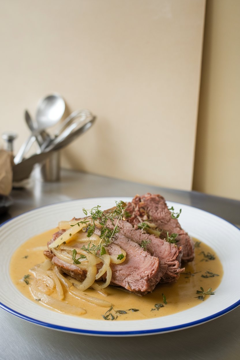 Indoor photo of short ribs in a pale cider-mustard sauce, caramelized onions visible; no text or logos