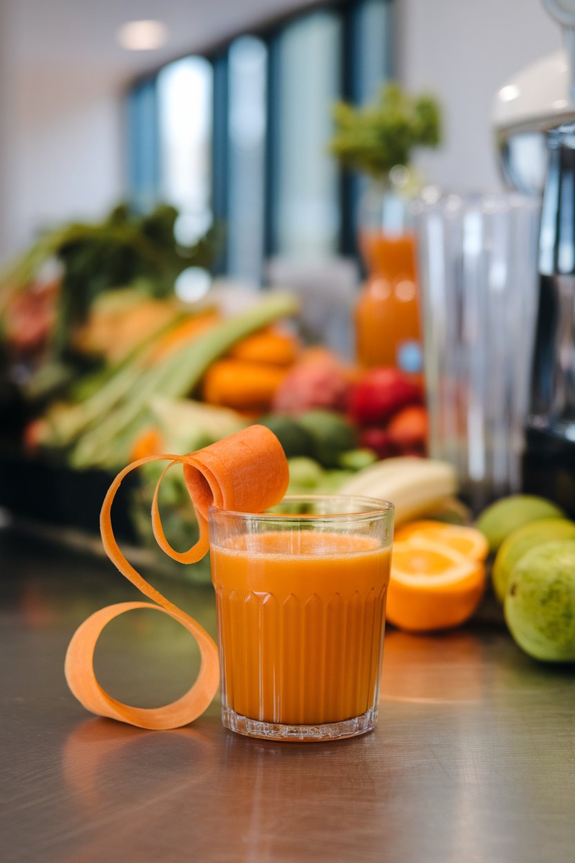 Indoor juicing bar with a clear glass of bright orange drink, thin carrot ribbon curl. No text or logos.