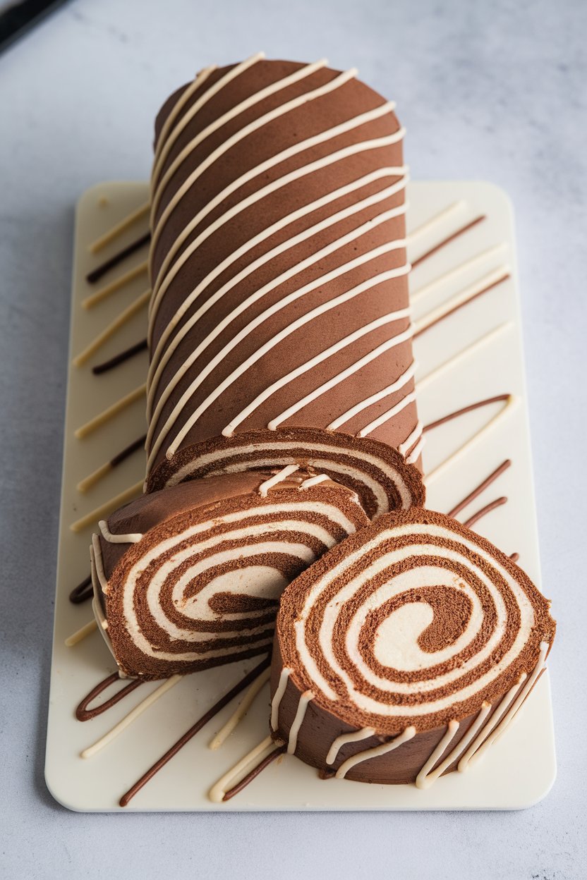 An indoor pastry board holding a coffee-colored rolled sponge cake, diagonal vanilla stripes mimicking slow-motion lines, slice cut to show swirl—no text or logos.