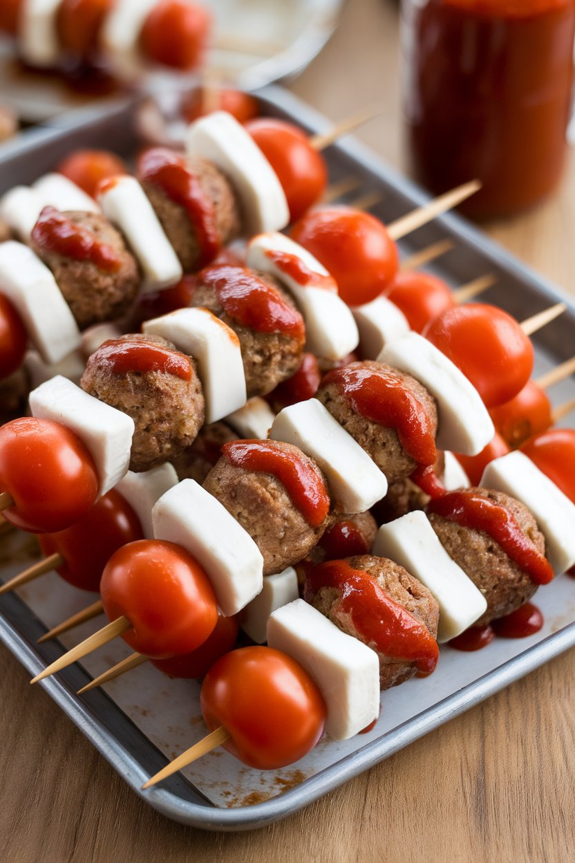 An indoor tray of skewers alternating meatballs, mozzarella cubes, and cherry tomatoes, drizzled with marinara—no text or logos. Photo, not illustration.