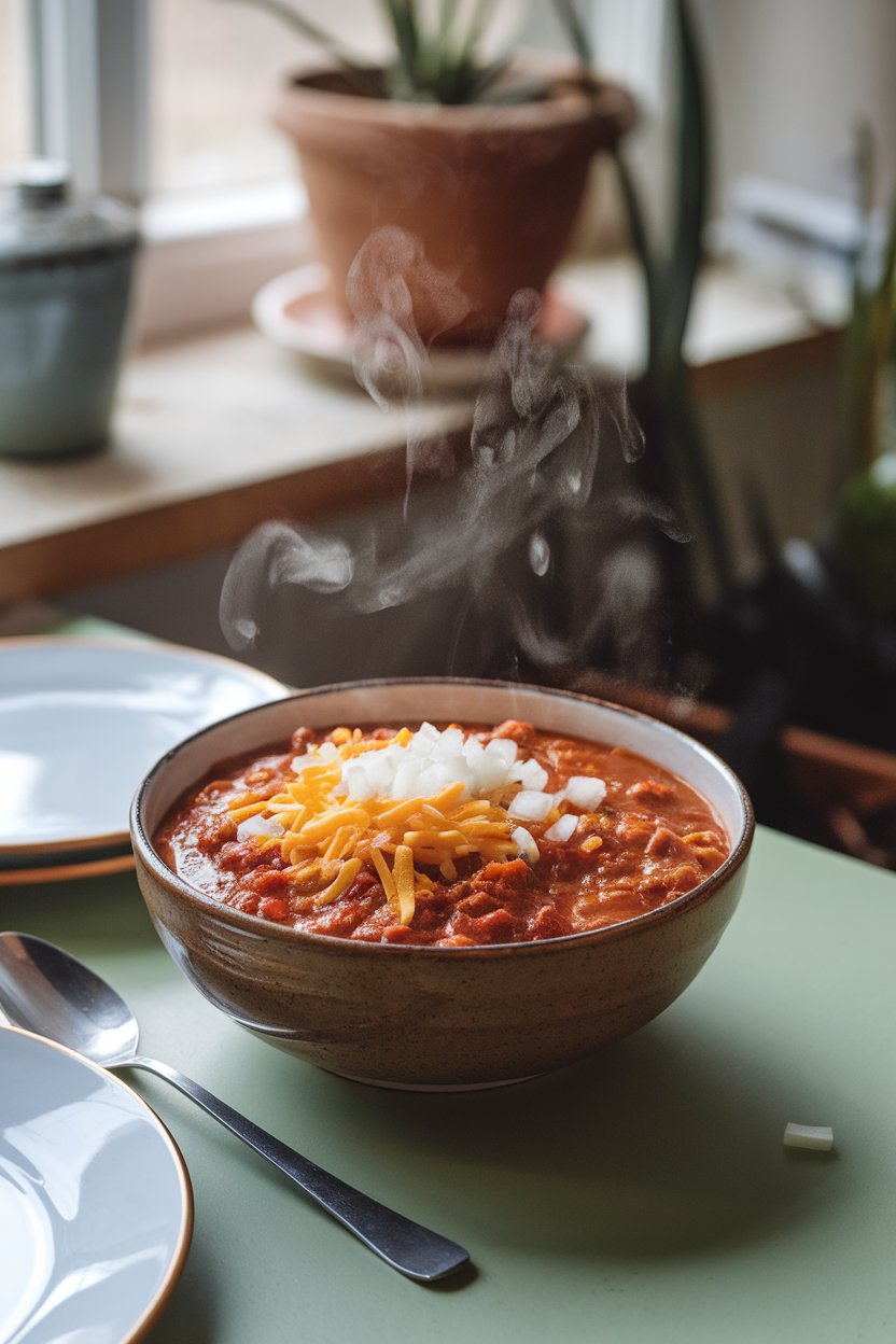 An indoor kitchen table showing a hearty bowl of beef chili topped with shredded cheese and chopped onions, steam rising gently; photo only, no text or logos.