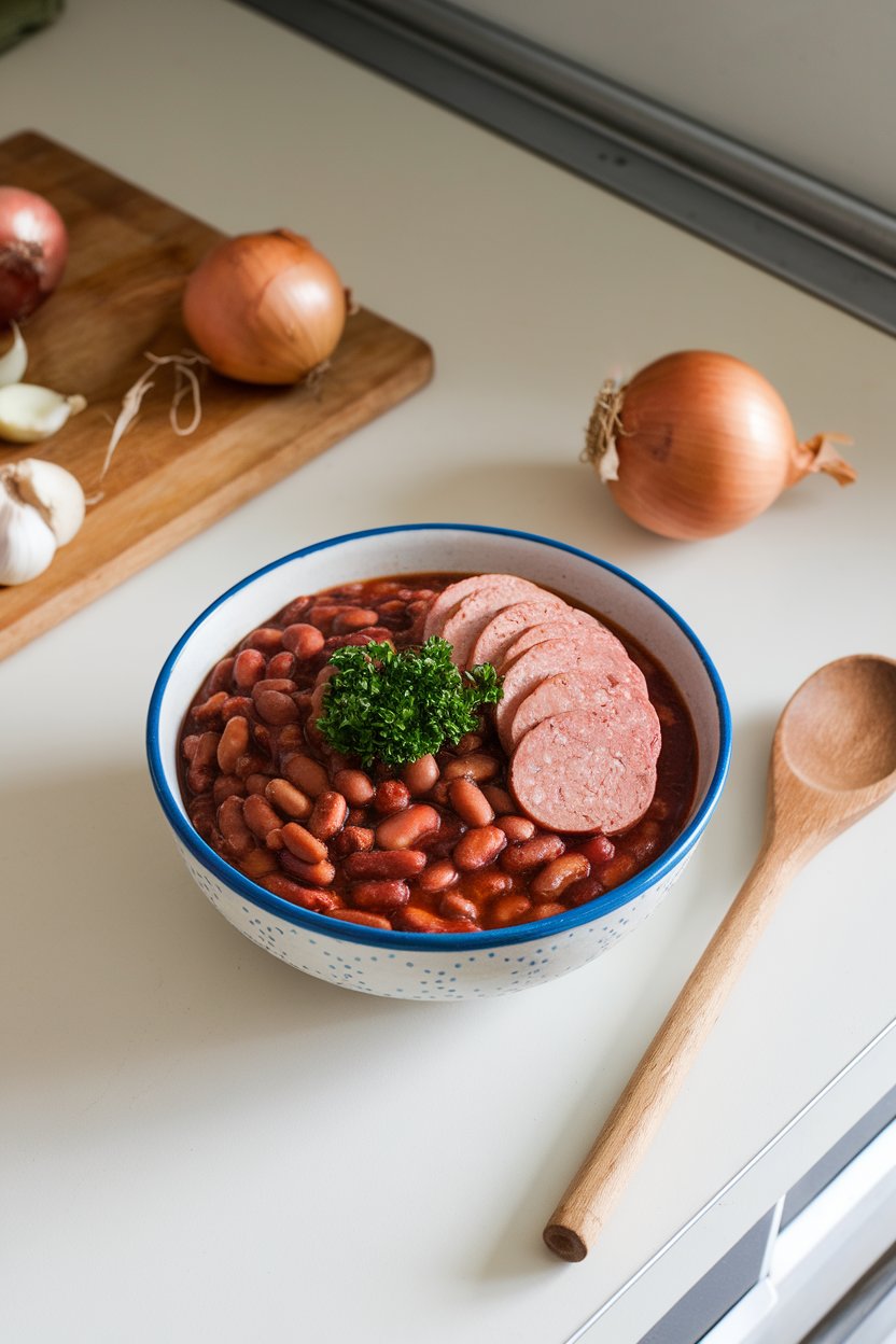 An indoor kitchen counter with a bowl of smoky red beans, sliced turkey sausage, and parsley garnish. No text or logos.