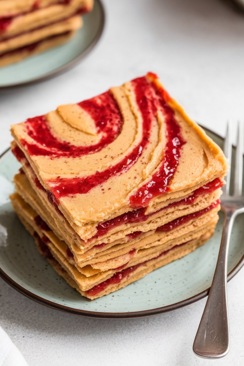 Photo of a PB&J pancake square with visible swirls of strawberry jam and peanut butter, indoor setting, no text or logos.