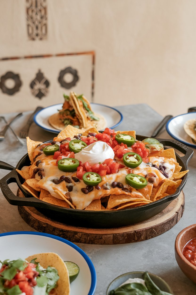 An indoor dining table shot from overhead with a cast-iron skillet brimming with layered nachos—melted cheese, jalapeños, black beans, and chopped tomatoes—plus a dollop of sour cream in the center. No text or logos visible. Photo, not illustration.