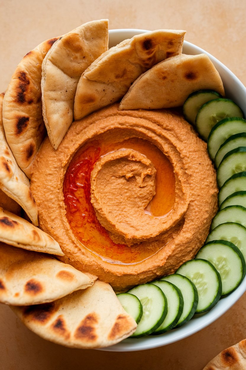 Indoor bowl of creamy roasted red pepper hummus surrounded by pita triangles and cucumber slices, no text or logos. Photo only.