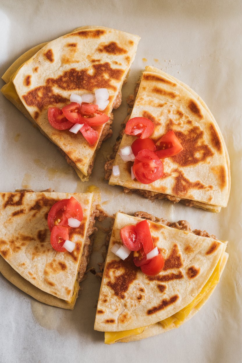 Photo of ground-turkey taco-style quesadilla wedges on parchment, no branding, indoor.