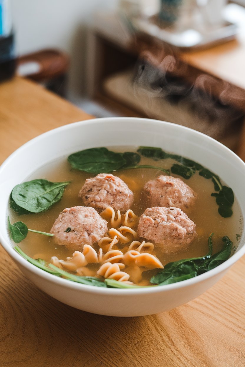 An indoor soup bowl filled with clear broth, turkey meatballs, spinach leaves, and small whole-wheat pasta shapes. Steam visible; no text or branding.