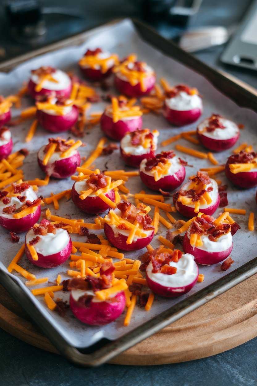 An indoor baking sheet holding halved roasted radishes topped with cheddar, bacon, and sour cream; no logos or text.