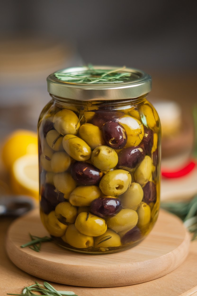 Indoor jar of mixed green and black olives in herb oil, no text or logos