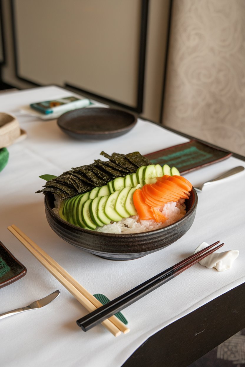 Indoor lunch table with a deep bowl of sushi rice topped with colorful rows of sliced avocado, cucumber, carrot, and nori strips. No text or logos. Photo, not illustration.