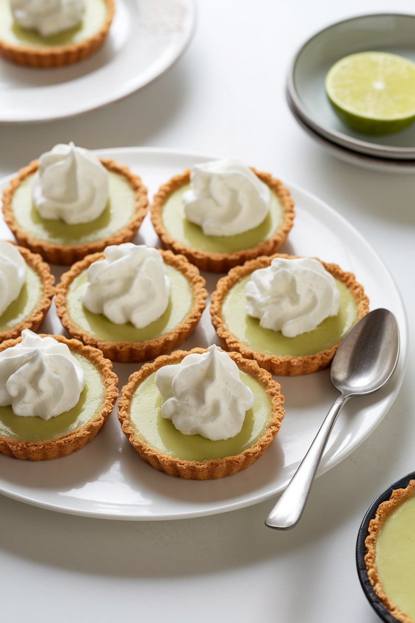 Indoor photo of individual key lime tartlets with whipped cream dollops, no text or logos.