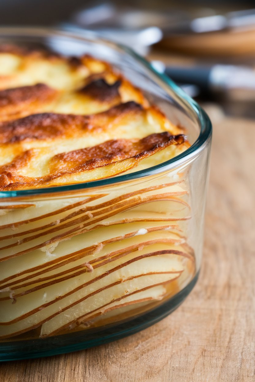 Indoor photo of thin potato layers bathed in smoked Gouda cream, bubbly and browned on top in a casserole dish. No visible branding.