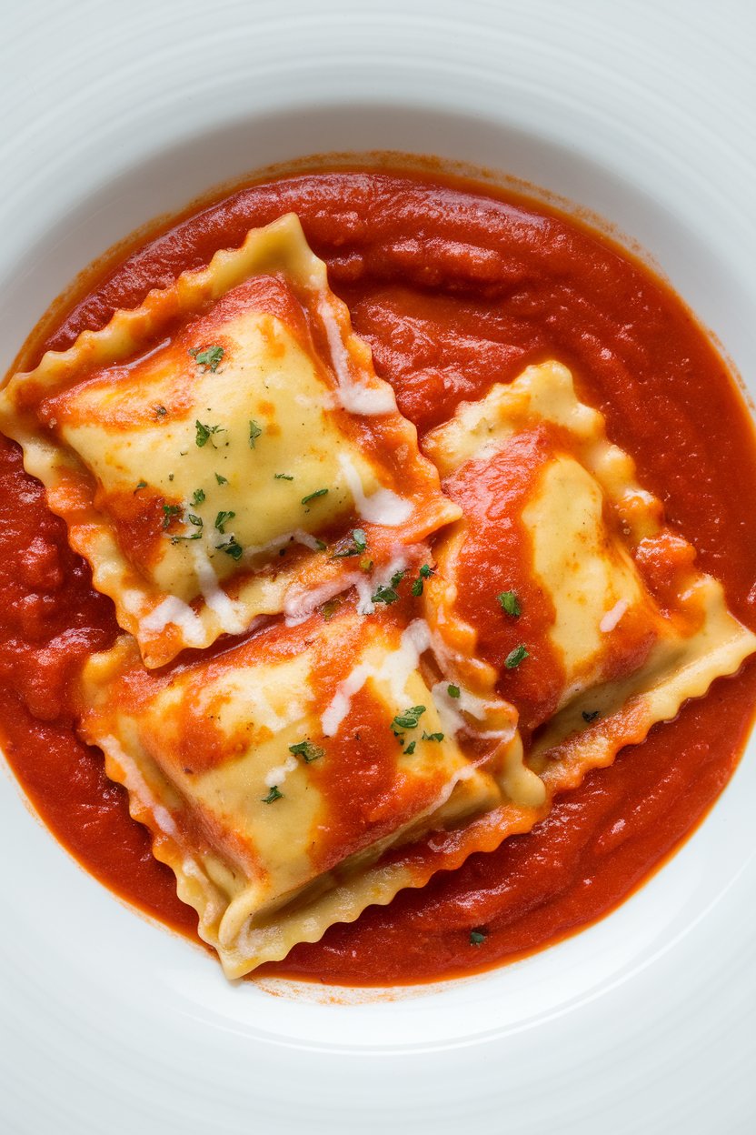 Indoor photo of cheese ravioli in marinara sauce, blanketed with stretchy mozzarella, browned in spots. No visible branding.