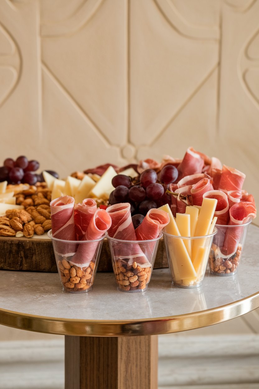 An indoor table featuring clear plastic cups filled with rolled prosciutto, cheese shards, nuts, and grapes, no text or logos.