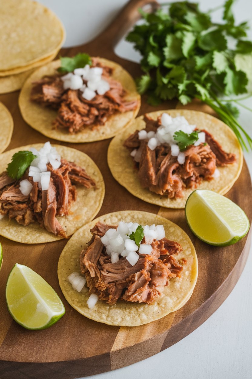 Indoor photo of mini corn tortillas filled with crispy carnitas, diced onion, cilantro, and lime wedges on a wooden board. No text or logos.