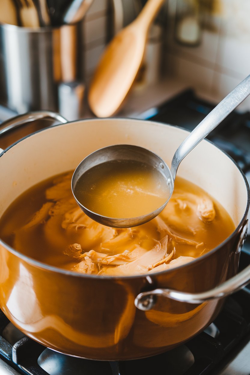 Indoor stovetop scene with a stockpot of golden chicken broth, ladle dipping. No text or logos.