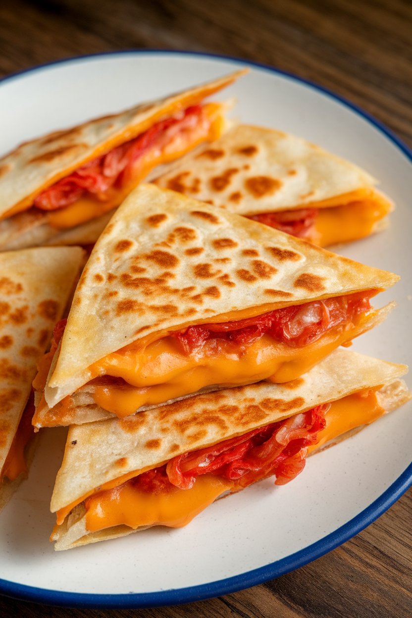 Indoor plate of triangular quesadilla wedges oozing cheddar and kimchi, no text or logos