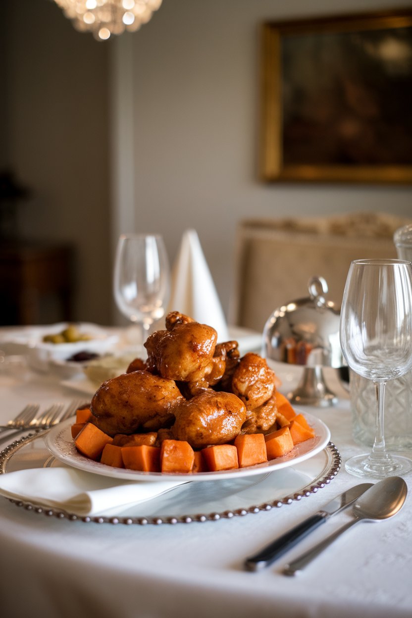 An indoor dinner table with a plate of glazed chicken chunks surrounded by cubed sweet potatoes, all coated in a shiny honey-garlic sauce; no text or logos; photo.