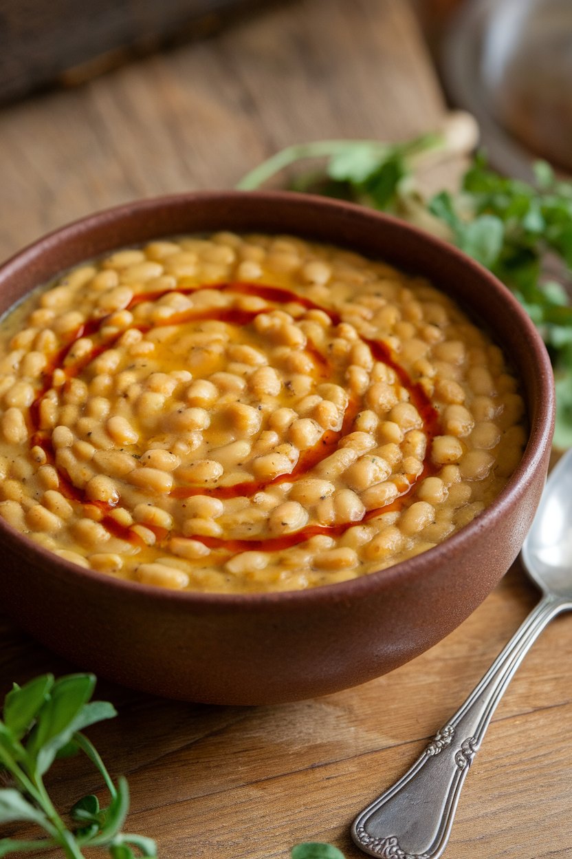An indoor bowl brimming with thick split pea soup, smoked paprika oil drizzled on top. No text or logos.