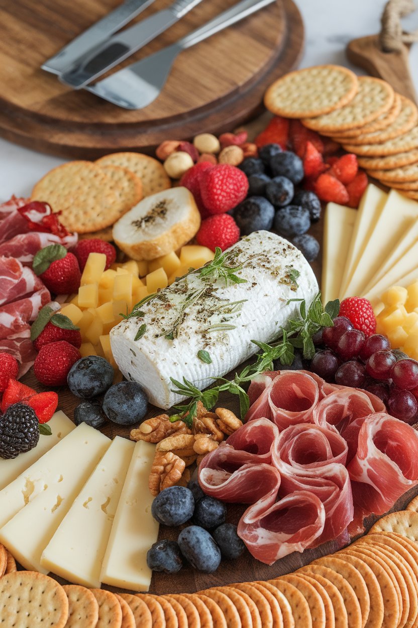 Indoor charcuterie board featuring a goat cheese log rolled in fresh herbs and cracked pepper, crackers arranged around it. No logos or text.