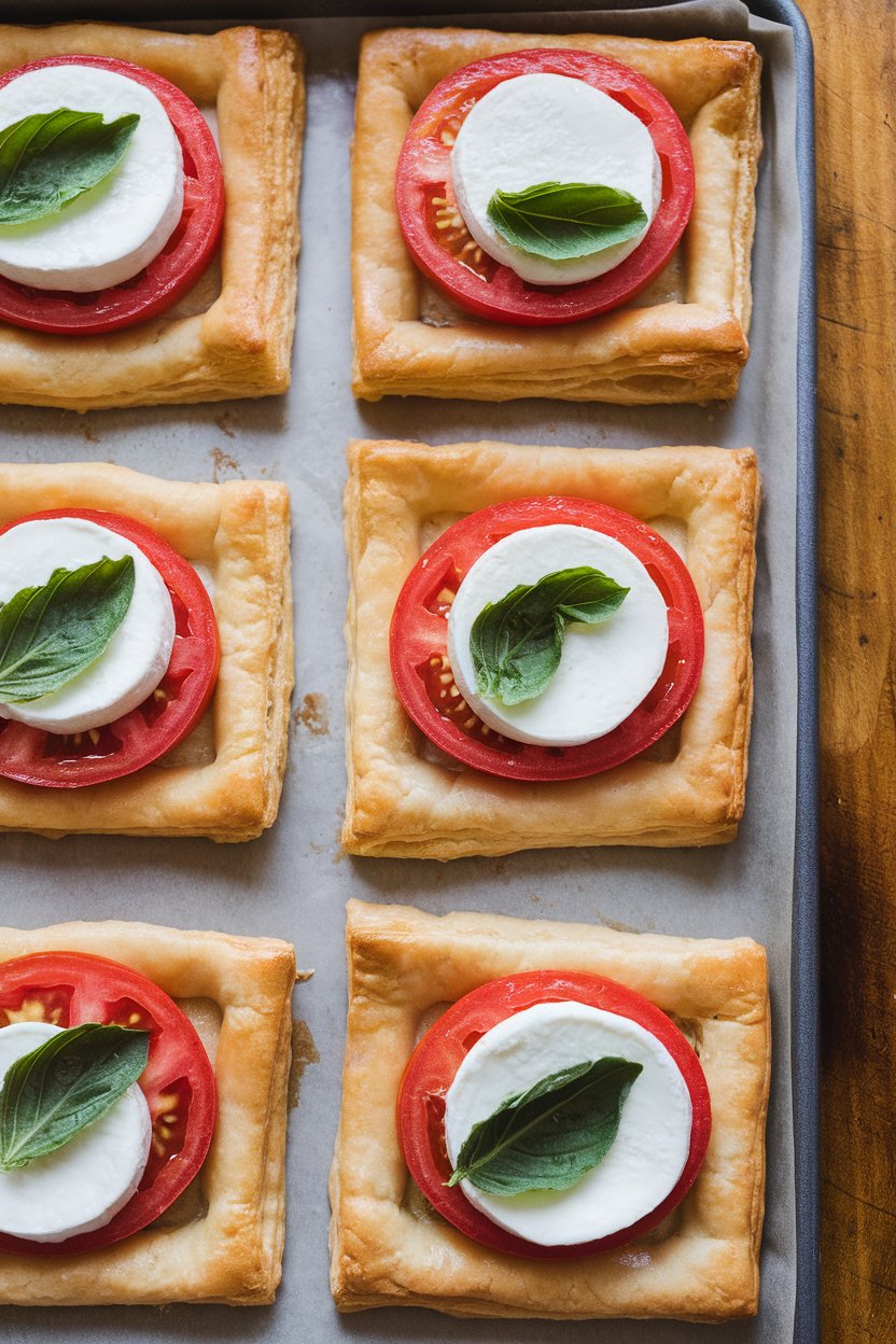An indoor baking sheet with puff pastry squares topped with tomato slices, mozzarella rounds, and basil leaves—no text or logos. Photo, not illustration.