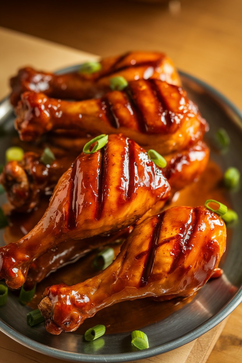 Indoor photo of glazed barbecue chicken drumsticks on a platter, grill marks visible; no text or logos.