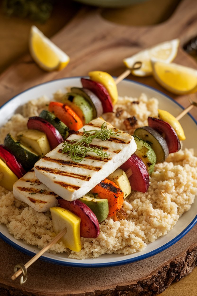 Indoor platter featuring grilled halloumi and vegetable skewers laid over fluffy couscous, lemon wedges on the side. No text or logos. Photo, not illustration.