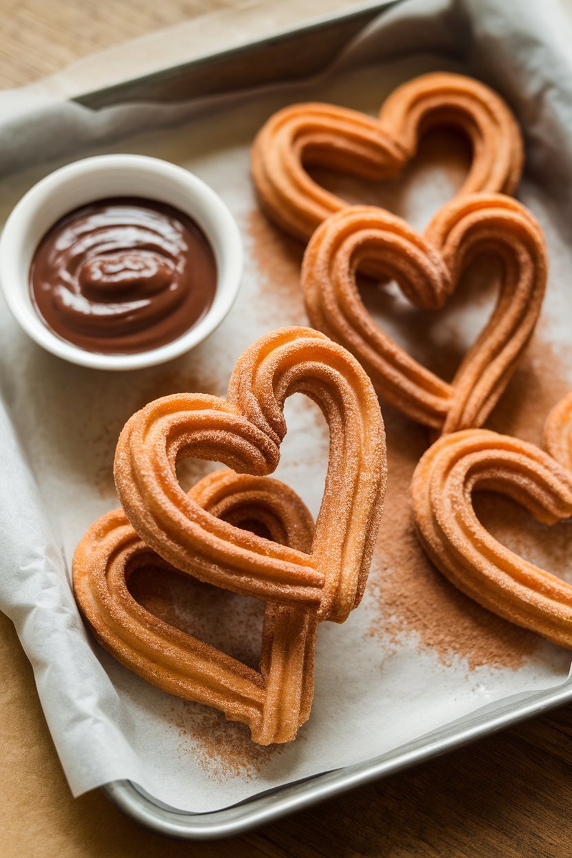 Photo of heart-shaped churros dusted in cinnamon sugar on an indoor parchment-lined tray, small bowl of chocolate sauce nearby. No text or logos.