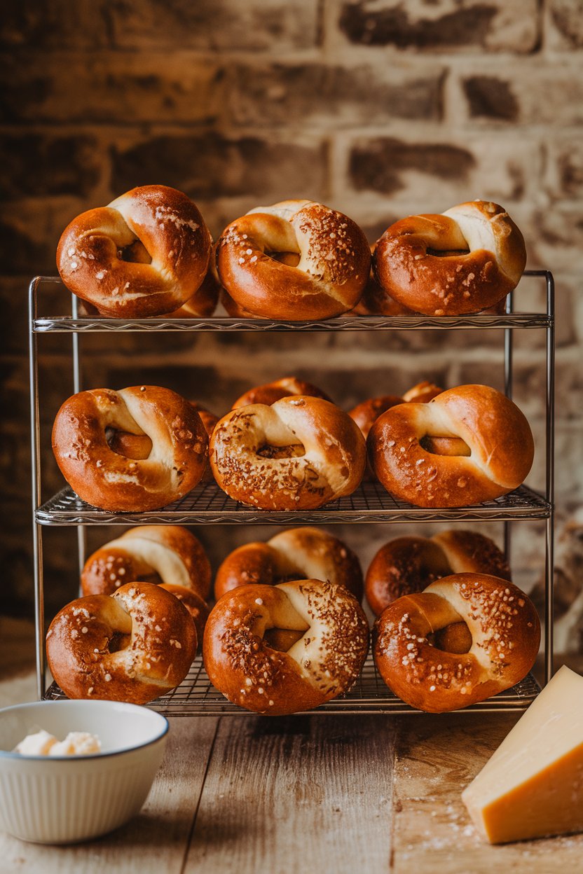 An indoor rack of soft pretzel knots sprinkled with coarse salt and caraway seeds. No text or logos.