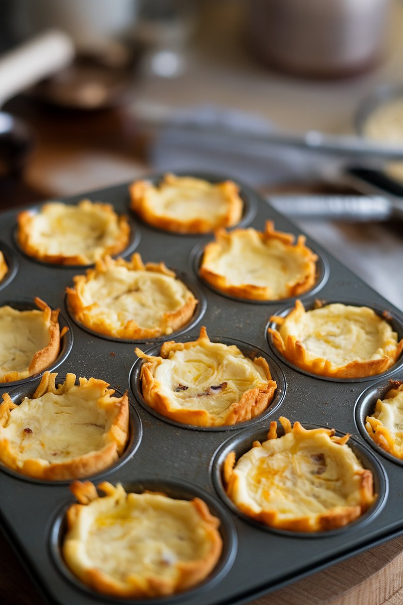 Indoor photo of muffin-size quiches with shredded potato crusts and creamy centers, no text or logos