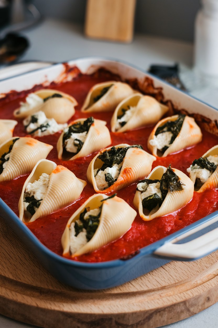 Indoor photo of a baking dish filled with jumbo pasta shells stuffed with ricotta and spinach, marinara bubbling around edges, no text or logos