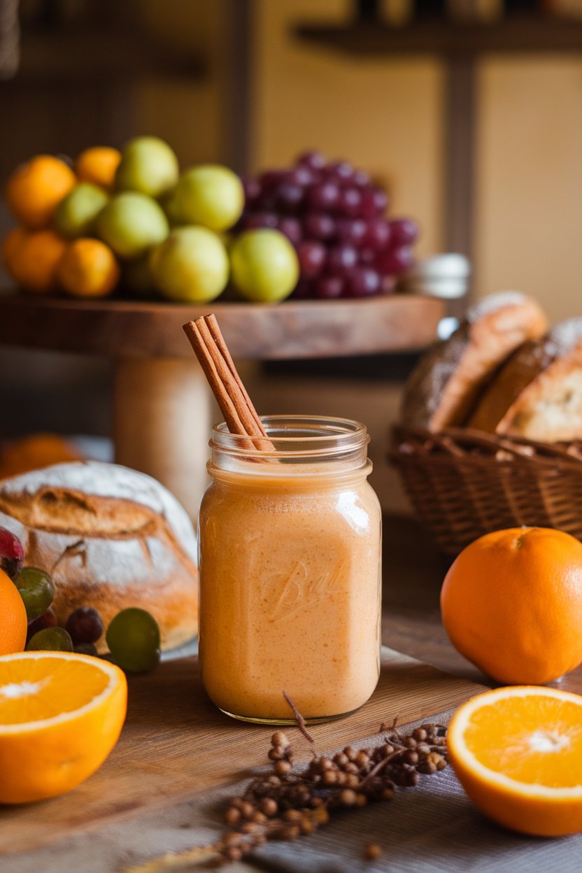 An indoor rustic breakfast bar with a thick orange persimmon smoothie in a mason jar, cinnamon stick garnish. No text or logos. Photo.