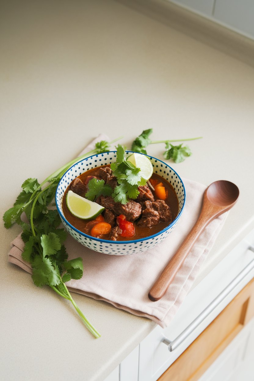 Indoor bright countertop with a bowl of beef stew garnished with fresh cilantro leaves and lime wedges. No text or logos. Photo.