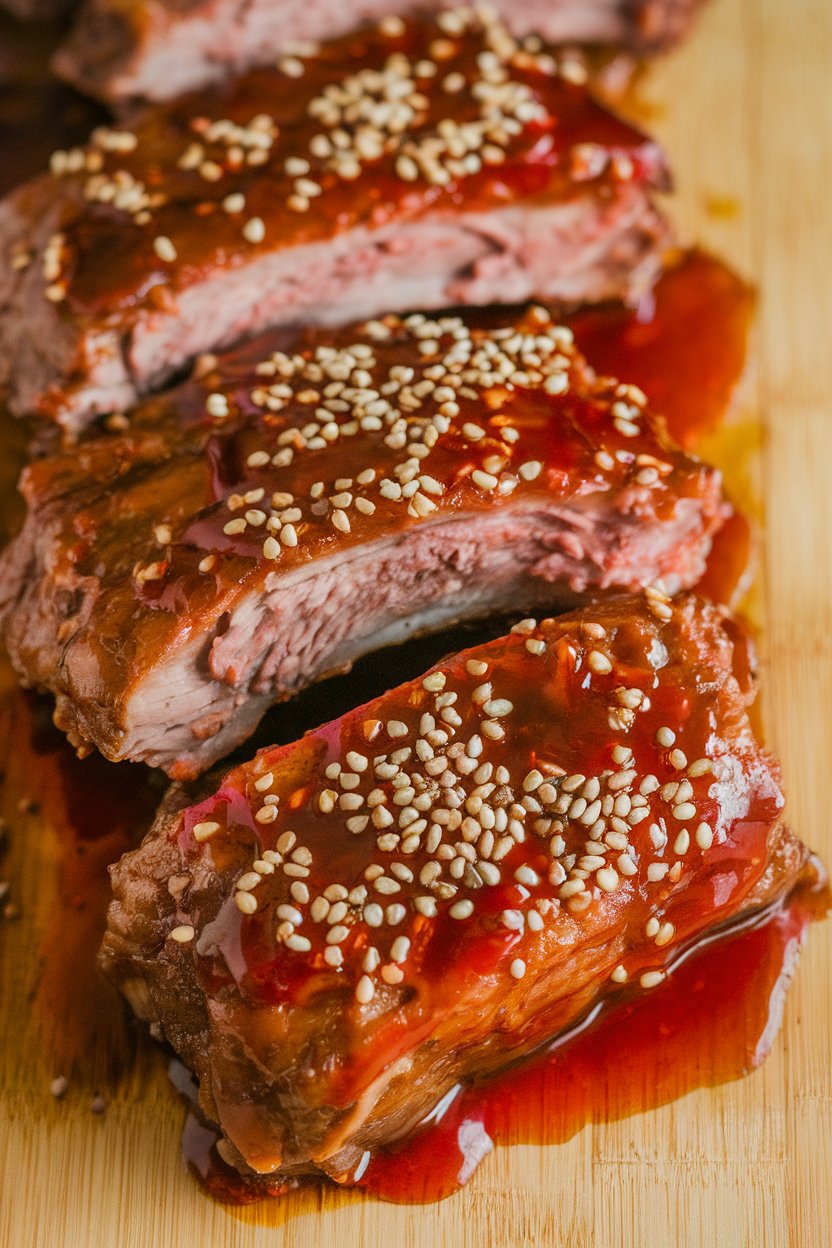Indoor photo of short ribs glazed in bright red gochujang-honey sauce, sesame seeds sprinkled; no text or logos