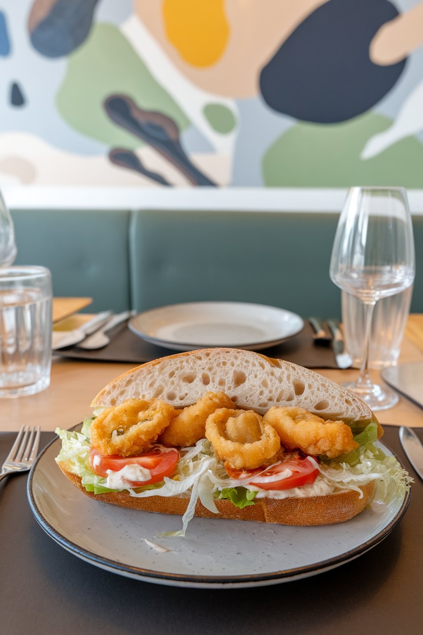 Indoor dining table with a split French loaf stuffed with golden fried oysters, shredded lettuce, tomato slices, and creamy sauce. Photo, no text or logos.