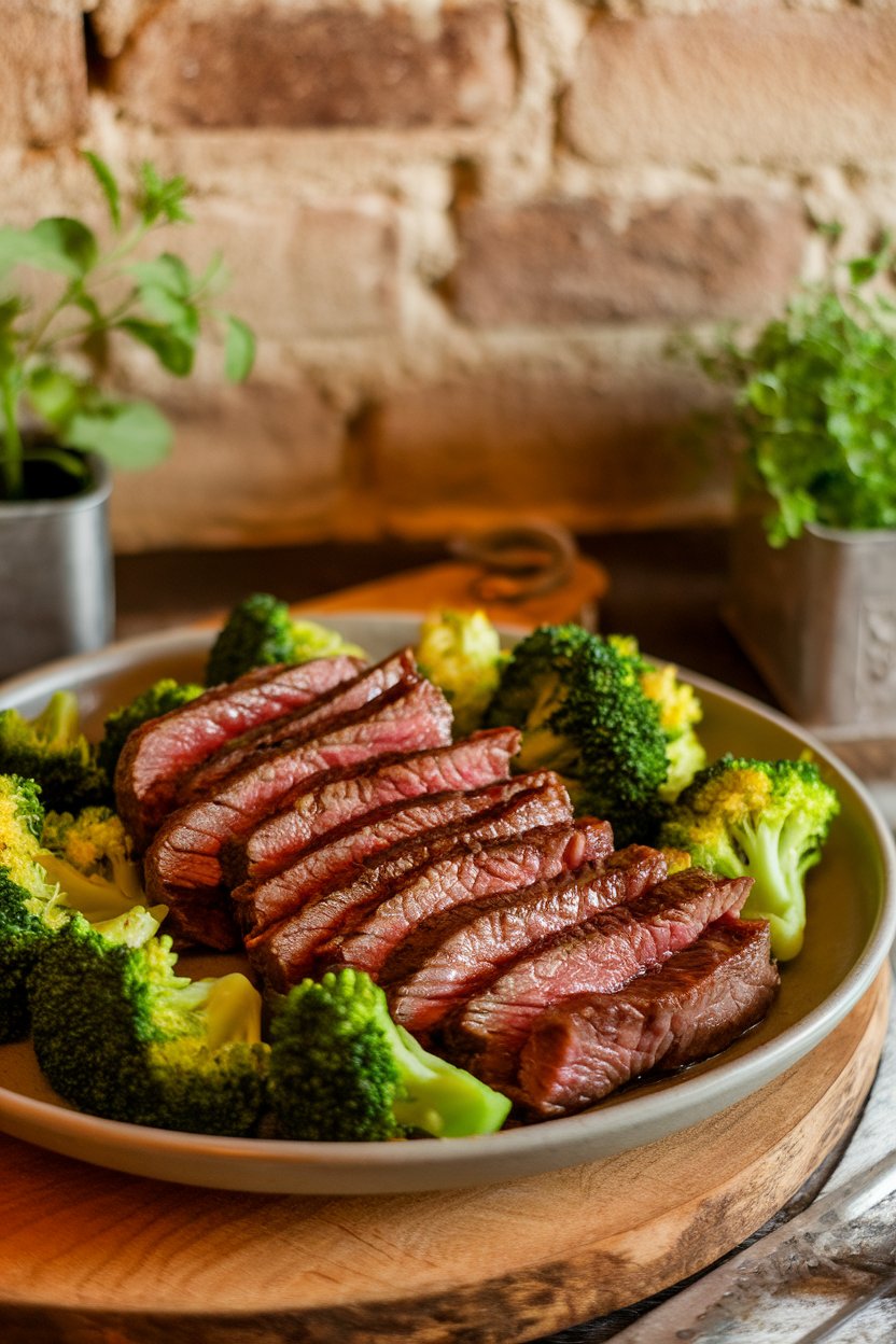 A warmly lit indoor scene showing a shallow plate of cooked lean flank steak strips and bright green broccoli florets coated in a light soy-ginger glaze; no text or logos; photo, not illustration.