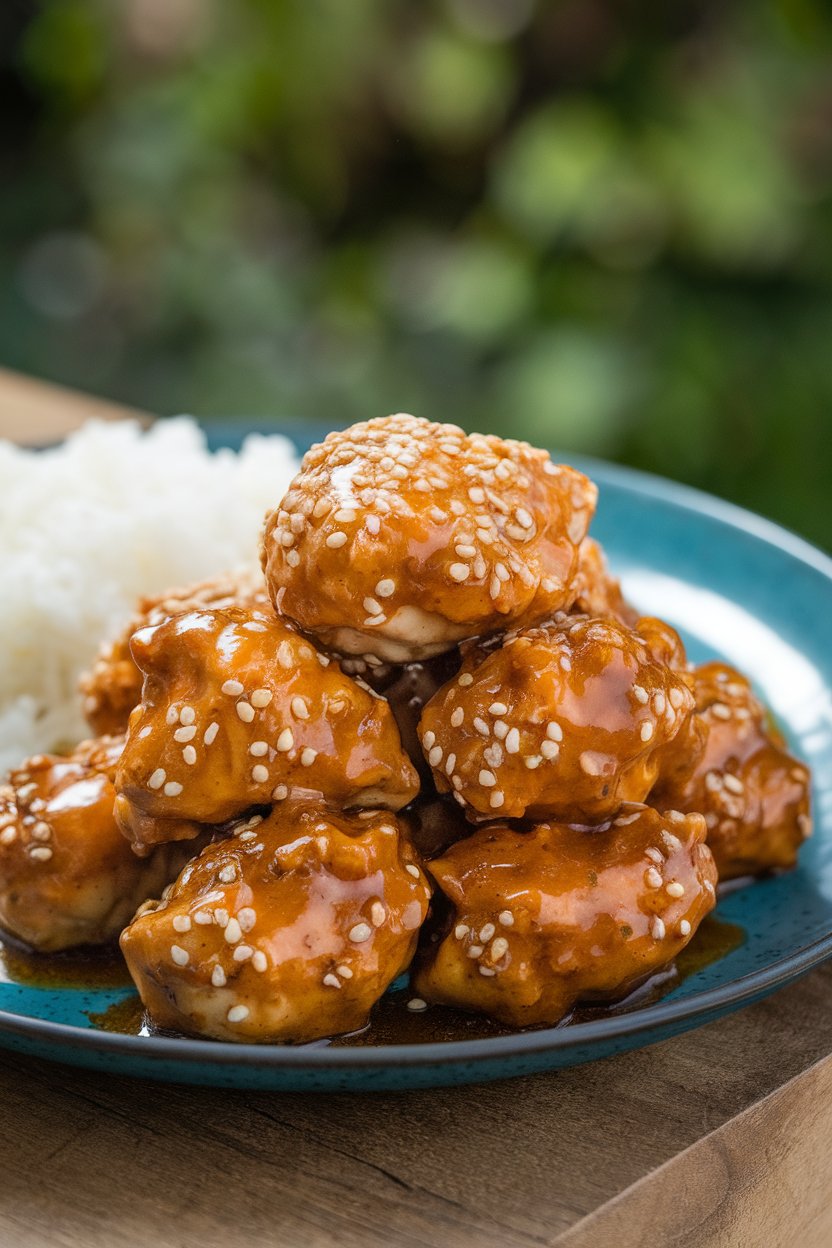 Indoor plate of sesame-seed-topped chicken bites glazed in a shiny ginger sauce, rice alongside. No logos.