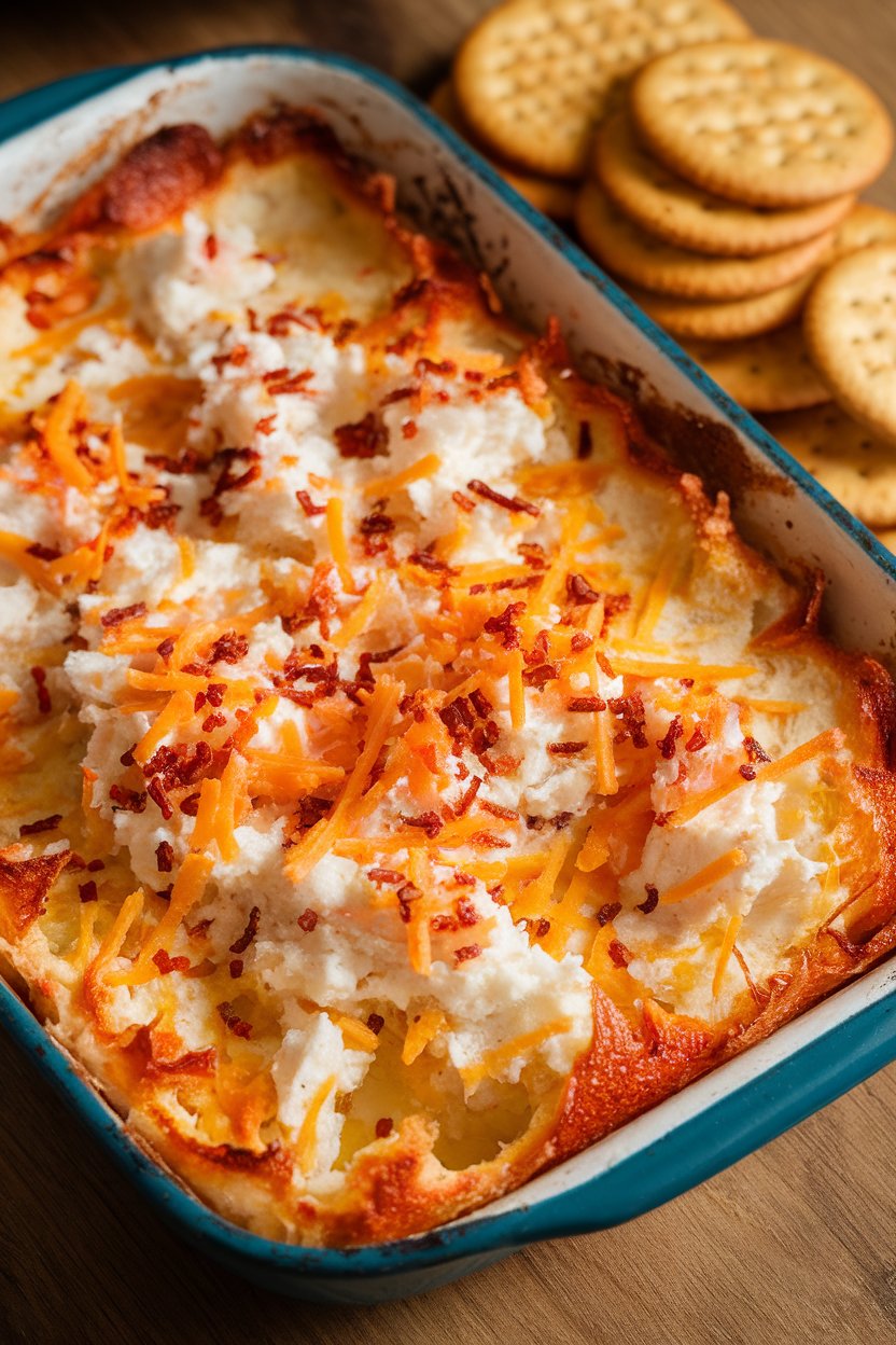 Indoor photo of a baking dish filled with bubbling crab dip topped with Old Bay-flecked cheese, crackers on the side. No text or logos.