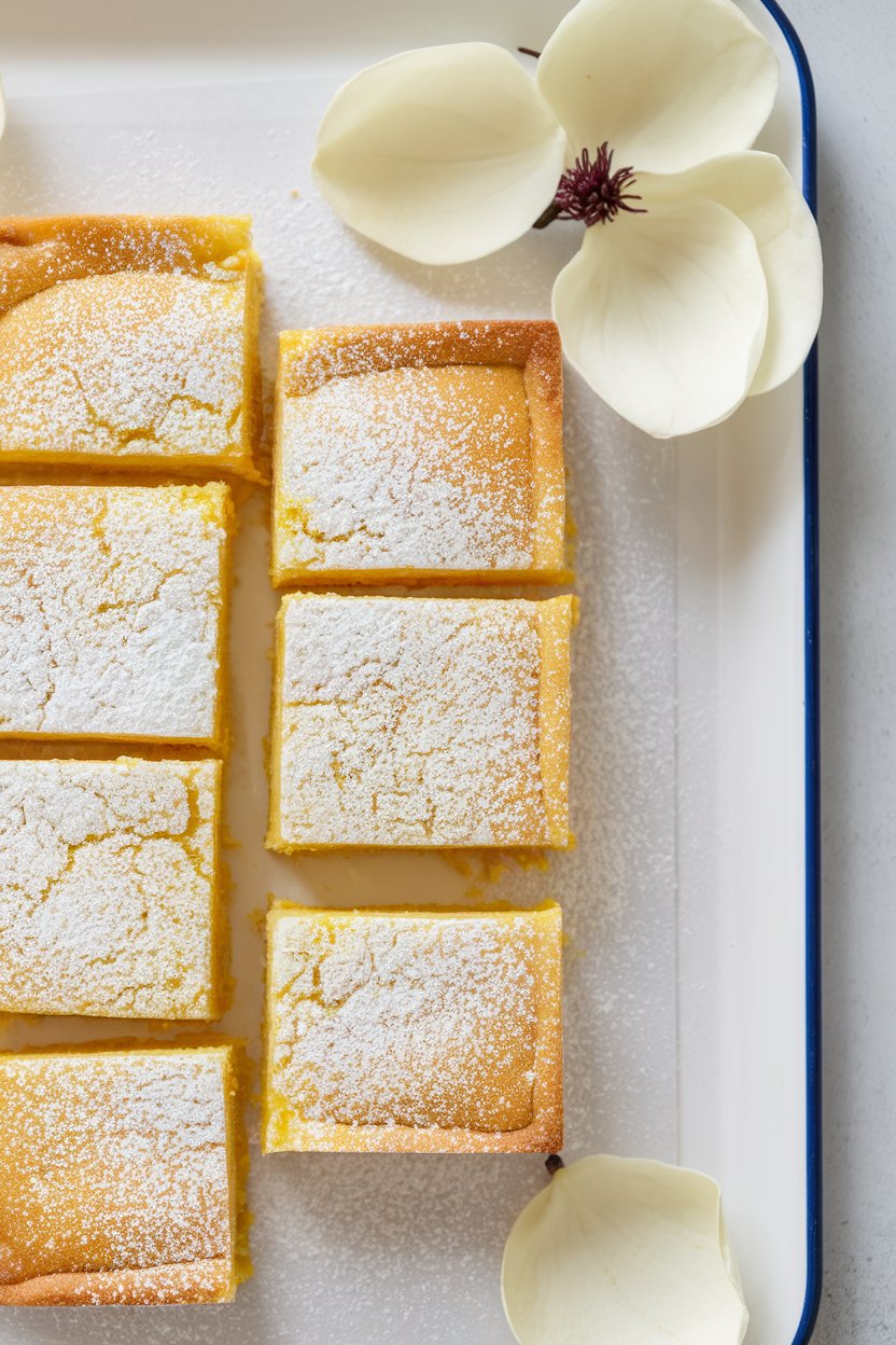 Indoor photo of lemon bars dusted with powdered sugar, tiny magnolia petals nearby for décor, placed on a white tray. No text or logos.