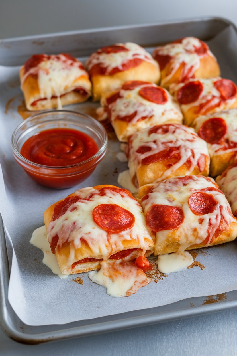 Indoor baking sheet lined with pepperoni pizza rolls oozing cheese, marinara dipping sauce in a small bowl, no text or logos. Photo only.