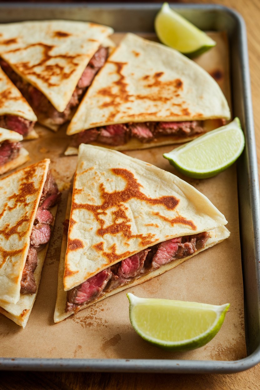 Photo of steak quesadilla wedges with lime wedges on a sheet pan, indoor scene, no logos.
