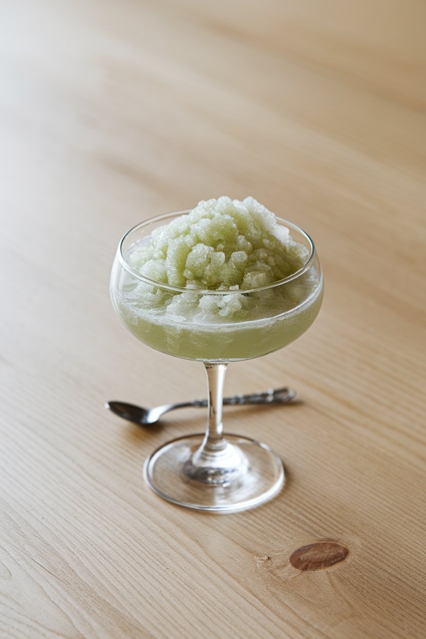 An indoor coupe glass filled with flaky pale green granita, tiny spoon resting aside, no text or logos. Photo only.