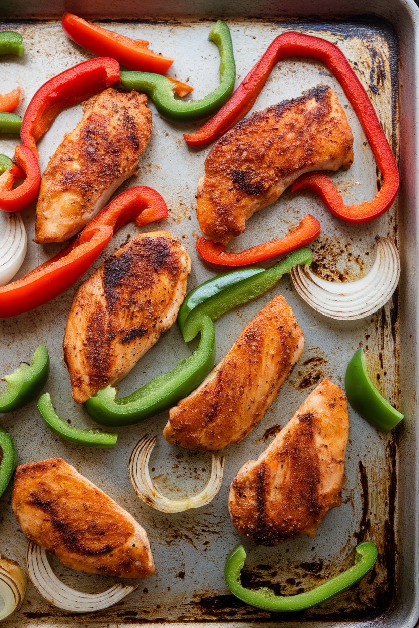 Indoor photo of fajita-spice chicken strips, red and green bell pepper slices and onion rings roasted on a sheet pan, sizzling edges visible. No text or logos.